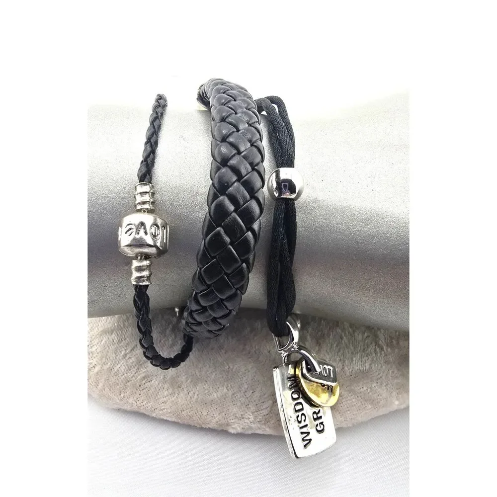 Black & Silver Tone Bracelet Lot of 3 Woven Cord Modern Leather Look